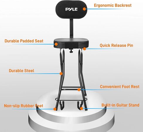 Pyle Seat with Padded Cushion-Heavy-Duty Ergonomic Backrest w/Fold Stand, Foot Rest, Collapsible Design, Holds Acoustic, Electric & Bass Guitars, 300 Lbs Max Load Capacity PYG60 in Saudi Arabia