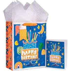 LeZakaa 13" Birthday Gift Bag, Medium Blue Gift Bag with Tissue Paper, Gift Tag and Card - Shark with Word Happy Birthday Design for Boy, Girl, Kids