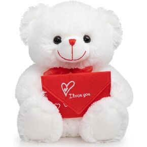 HollyHOME Teddy Bear Stuffed Animal Plush Bear with Red Bow Holding a Picture Frame Soft Plush Toy Christmas Valentine's Day Gift 12 Inches White