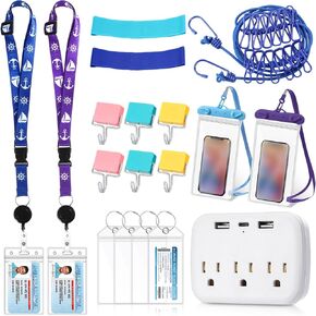 Tenceur 18 Pcs Cruise Accessories Kit for 2 People Cruise Essentials Includes Power Strip 6 Hooks 2 Lanyards for Cards 4 Luggage Tags 2 Waterproof Phone Bags 1 Clothesline and 2 Towel Bands