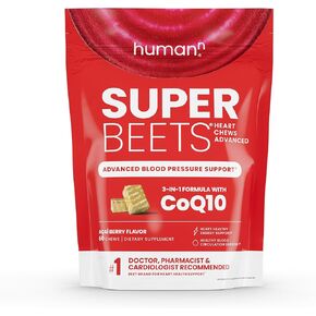 humanN SuperBeets Heart Chews Advanced - 3-in-1 Formula with Beetroot, Grape Seed Extract, & CoQ10, 60 Count
