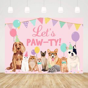 Ticuenicoa 7x5ft Let's Paw-ty Happy Birthday Themed Backdrops Puppy Dog Cat Doggy Pet Pink Girl Photography Background Birthday Banner for Puppy Bday Party Photo Booth Birthday Party Decorations