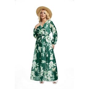 lvenzse Womens Maxi Dress Boho Chiffon Floral Printed Long Party Dresses Plus Size with Belt (FBA)
