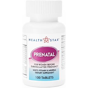 Prenatal Multivitamin by HealthStar for Healthy Mom and Baby - Folate + Vitamin C + Vitamin D + Iron + Calcium + B12 - 100 tablets