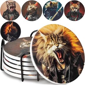 Coasters for Drinks - Cup Coasters - Coasters for Coffee Table - Ceramic Coasters with Holder - Drink Coasters Set of 6 - Ninja Cat Edition