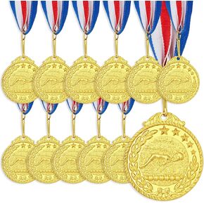 Juvale 12 Pack Award Medals for Adults - Team Participation Trophies with Red, White, and Blue Striped Ribbon, Sports Themed Party Favors (2 in, Metal, Gold)