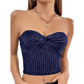 LYANER Women's Glitter Twist Knot Rib Knit Strapless Crop Tank Tube Club Top