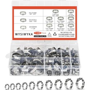 WYSIWYKA 120 PCS 10 Sizes Single Ear Hose Clamps, 6-28.6mm 304 Stainless Steel Crimp Hose Clamp Assortment Kit with Ear Clamps Pincer, Cinch Rings Crimp Pinch Tools for Securing Pipe Hoses Use