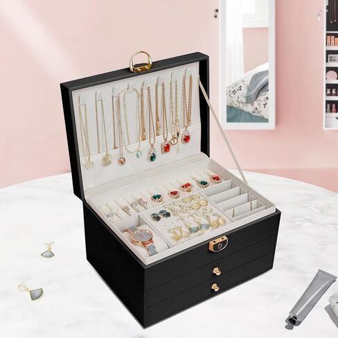 مانجوتري صندوق منظم مجوهرات للنساء/الفتيات، حافظة تخزين مجوهرات كبيرة من جلد البولي يوريثين من 3 طبقات، فكرة هدية، حامل مجوهرات قابل للقفل للخواتم والاقراط والساعات والقلائد والاساور (اسود) in Kuwait
