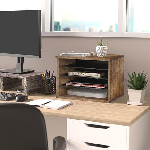J JACKCUBE DESIGN Rustic Wood Desk Organizer 4 Compartment Paper File Holder for Home and Office, Document Storage, File sorter, Mail and Letter Tray- MK560A in Saudi Arabia