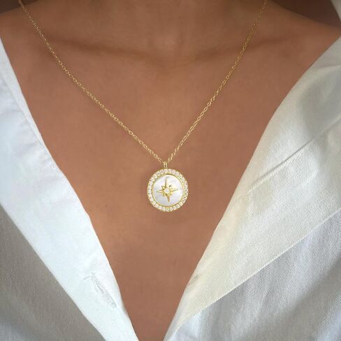 925 Sterling Silver Mother of Pearl North Star Locket Zircon Pendant Necklace in Saudi Arabia