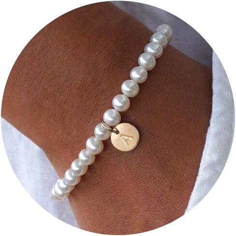 Ursteel Pearl Initial Bracelet for Women Girls - Dainty Gold Letter Charm Pearl Beaded Bracelet Jewelry for Women Teen Girls, Bridesmaid Proposal Wedding Bride Party Bridal Shower Mothers Day Gift in Saudi Arabia