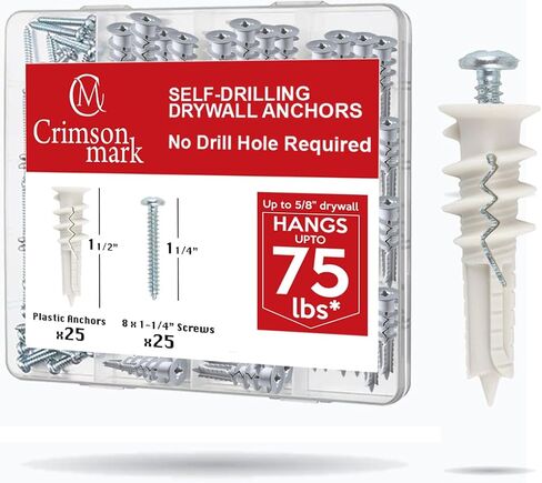 CrimsonMark 20Pcs Self Drilling Drywall Anchors and Screws kit #8 x 1-1/4"- Superb Wall Anchors for Drywall, Holds Upto 75lbs – No Drill Hole Required with These Dry Wall Screws and Anchors in Saudi Arabia