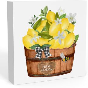 Rustic Bucket of Lemons Wood Box Sign, Farmhouse Lemon Artwork Decor, Lemon Wood Square Sign Desk Block Signs Summer Home Kitchen Shelf Decoration 5 x 5 Inches