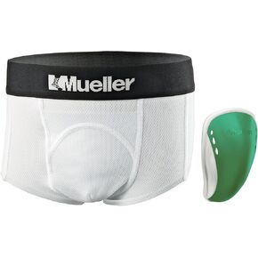 MUELLER Sports Medicine Athletic Supporter with Flex Shield Cup, Mositure Wisking and Vented Protection, White/Green, Pewee