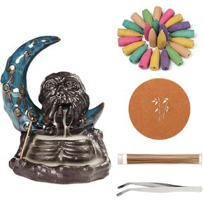 Comeon Backflow Incense Holder Burner Waterfall Handmade Ceramic Incense Cones Sticks Holder Home Decor Lotus Moon Backflow Incense Burner + Backflow Incense Cones Incense Sticks Tweezer Mat Gift