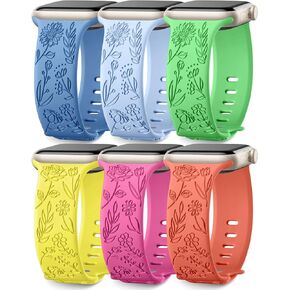 6 Pack Floral Engraved Bands Compatible with Apple Watch Band 44mm 40mm 38mm 41mm 45mm 49mm 42mm Women, Soft Silicone Cute Flower Pattern Sport Strap for iWatch Bands Series Ultra Ultra 2 SE 9 8 7 6 5 4 3 2 1