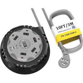 قطاع الطاقة XBA بطول 10 أقدام قابل للسحب مع 3 منافذ USB (PD 20W USB C)، و5 منافذ شحن تيار متردد، وشريط طاقة شديد التحمل لحماية الحمل الزائد للمرآب، أصفر