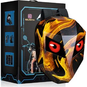 Gelrova Flaming Knight LED Backpack, Hard Shell Riding Backpack for Helmet and Baskettball, DIY Motorbike Laptop Bag, Large Size 19inch, Golden Fire