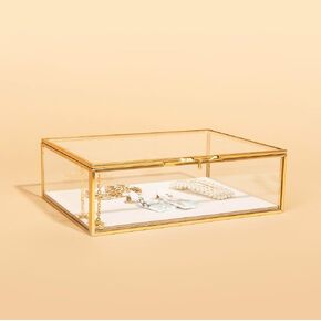 Glass Gold Metal with Chain and Velvet Bottom Jewelry Organizer Box | Double Glass Frame for Pressed Flowers