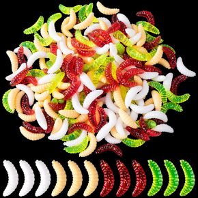 CustomyLife 250pcs 20mm Fake Worms for Fishing Bass, Realistic Fishing Lure Fake Maggot Baits, Soft Plastics False Wax Worm for Freshwater Ice Lure Fishing-Yellow
