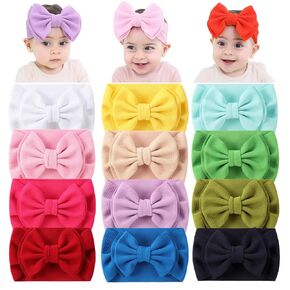 Cinaci 12 Pack Solid Candy Colors Stretchy Wide Nylon Headbands with Knot Big Hair Bow Elastic Headwraps Oversized Hair bands Large Hair Bows Hair Accessories for Baby Girls Infants Toddlers Kids