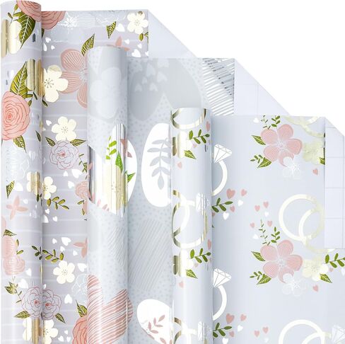 LeZakaa Silver Wrapping Paper Roll - Mini Roll - Flower & Love and Ring with Metallic Foil Design for Wedding, Engagement,Bridal Shower - 17 x 120 inches, 3 Rolls (42.5 sq.ft.ttl.) in Kuwait