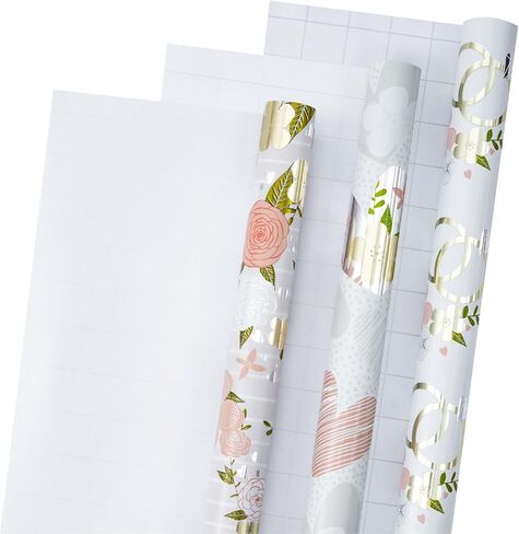 LeZakaa Silver Wrapping Paper Roll - Mini Roll - Flower & Love and Ring with Metallic Foil Design for Wedding, Engagement,Bridal Shower - 17 x 120 inches, 3 Rolls (42.5 sq.ft.ttl.) in Kuwait