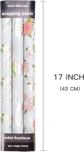 LeZakaa Silver Wrapping Paper Roll - Mini Roll - Flower & Love and Ring with Metallic Foil Design for Wedding, Engagement,Bridal Shower - 17 x 120 inches, 3 Rolls (42.5 sq.ft.ttl.) in Kuwait