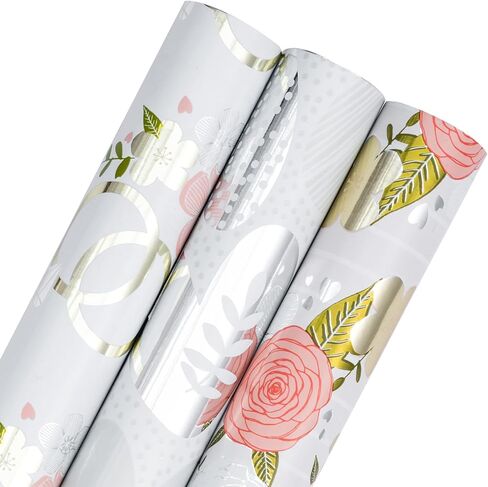 LeZakaa Silver Wrapping Paper Roll - Mini Roll - Flower & Love and Ring with Metallic Foil Design for Wedding, Engagement,Bridal Shower - 17 x 120 inches, 3 Rolls (42.5 sq.ft.ttl.) in Kuwait