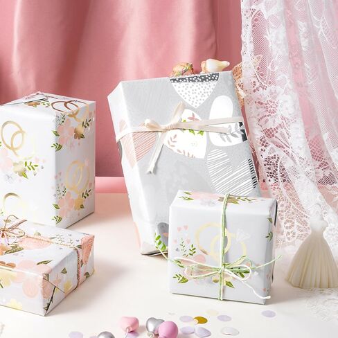 LeZakaa Silver Wrapping Paper Roll - Mini Roll - Flower & Love and Ring with Metallic Foil Design for Wedding, Engagement,Bridal Shower - 17 x 120 inches, 3 Rolls (42.5 sq.ft.ttl.) in Kuwait