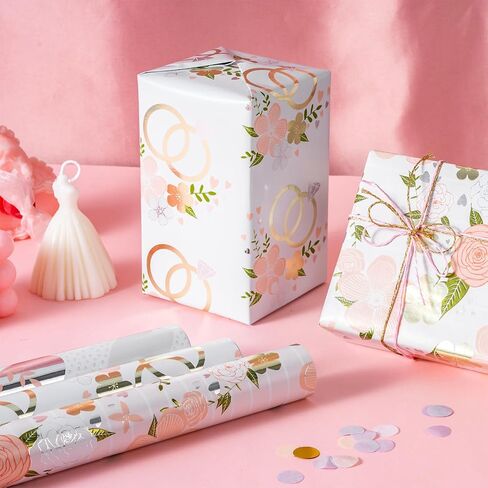 LeZakaa Silver Wrapping Paper Roll - Mini Roll - Flower & Love and Ring with Metallic Foil Design for Wedding, Engagement,Bridal Shower - 17 x 120 inches, 3 Rolls (42.5 sq.ft.ttl.) in Kuwait