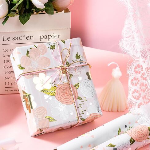 LeZakaa Silver Wrapping Paper Roll - Mini Roll - Flower & Love and Ring with Metallic Foil Design for Wedding, Engagement,Bridal Shower - 17 x 120 inches, 3 Rolls (42.5 sq.ft.ttl.) in Kuwait