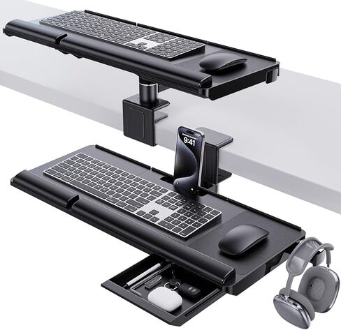 Tilt&Height Adjustable Keyboard Tray Under Desk&Above Desk - Klearlook Ergonomic Sit Stand Keyboard Riser w/360° Rotation, 24.4"×10.08" Keyboard Stand Desk Extender w/Wrist Rest&Storage Drawer-Black in Kuwait