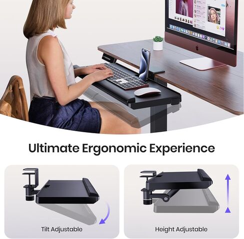 Tilt&Height Adjustable Keyboard Tray Under Desk&Above Desk - Klearlook Ergonomic Sit Stand Keyboard Riser w/360° Rotation, 24.4"×10.08" Keyboard Stand Desk Extender w/Wrist Rest&Storage Drawer-Black in Kuwait