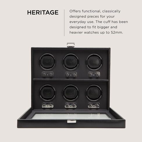 WOLF Heritage 4-Piece Winder with Glass Cover, Black - Secure Fit with Patented Lock-In Dynamic Cuff - For Bigger, Heavier Watches - Vegan Leather - Includes Universal Adapter in Saudi Arabia