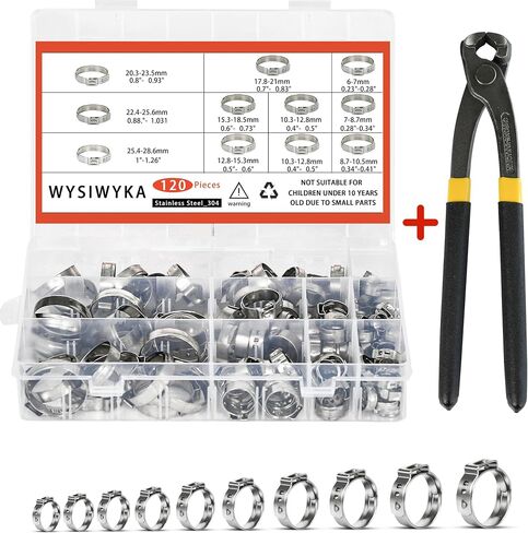 WYSIWYKA 90 جهاز كمبيوتر شخصى 9 أحجام مشبك خرطوم أذن واحد، 6-31.6 مم 304 مجموعة متنوعة من الفولاذ المقاوم للصدأ تجعيد خرطوم المشبك مع كماشة مشبك الأذن، حلقات السرج أدوات تجعيد قرصة لتأمين خراطيم الأنابيب استخدام السيارات in Saudi Arabia