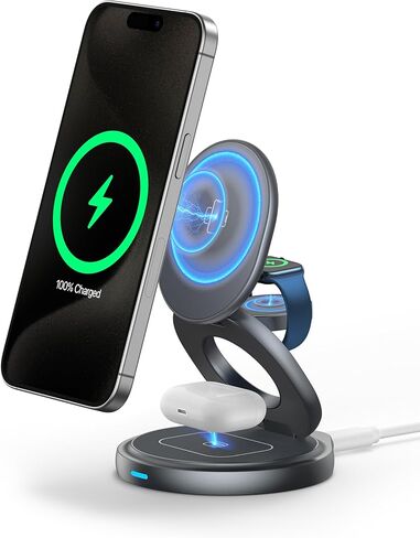 3 in 1 Wireless Charging Station for Magsafe Charger, Fast Magnetic Foldable Charger Stand for iPhone 15 14 13 12 11 Pro Max XR, for Apple Watch 8 7 6 5 4 3 2 SE, for AirPods 2 3 Pro (ZINC ALLOY MADE) in Kuwait