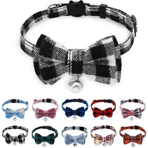 Breakaway Cat Collar with Cute Bow Tie and Bell, BuntyJoy Cat Collars for Girl Cats and Boy Cats, Safety Kitten Collars, Stylish Plaid Patterns, Light Blue, Pack of 1