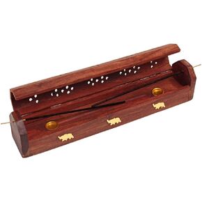 raajsee Beautiful Handmade Wooden Brown Incense Stick Holder Burner Storage Coffin Box - Ash Catcher with Brass Inlay -Home Utilities & Accessories -Meditation -Great Gift for Any Occasion 12x2 inch