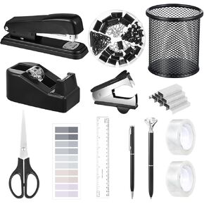 13 in 1 Black Desk Accessories, Black Office Supplies for Men Wome with Black Stapler and Tape Dispenser Set, Tape, 1000 Staples, Staple Remover, Scissors, Pen, Pen Holder, Tabs, Ruler, Clips Set