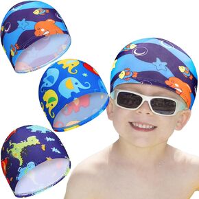 Geyoga Kids Swim Caps 3 Pieces Bathing Swimming Hats Unisex Polyester Bathing Cap Pool Cap Summer Swimming Caps for Boys Girls Long Short Hair