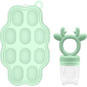 2 Sets Silicone Breastmilk Popsicle Molds with Baby Food Feeder, BPA Free Fruit Feeder Pacifier with Frozen Ice Tray for Baby Feeding Safely, Infant Fruit Teething Toy for Baby Boy Girl Gifts (Green)