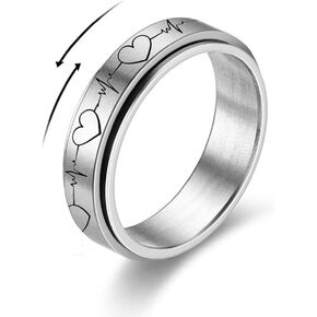 Heartbeat ECG Fidget Rings for Women Men Girls Spinner Anxiety Rotate Freely Inspirations Stress Relief Meditation Stainless Steel Stacking Middle Finger Band Couple Wedding Matching Promise Anniversary Valentine's Day Jewelry Gifts for His and Her Lover 