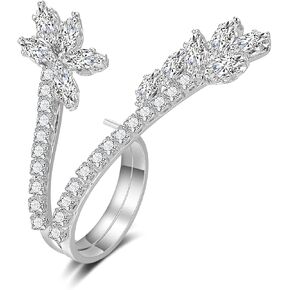 Silver Statement Rings for Women, Fashion Adjustable CZ Crystal Opening Leaf Shape Ring Cocktail Wedding Costume Accessory Gifts for Her
