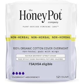 The Honey Pot Company - Non-Herbal Overnight Pads with Wings - Organic Pads for Women - Cotton Cover, and Ultra-Absorbent Pulp Core. 12 ct.