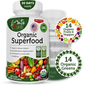 Organic Superfood Greens Fruits and Veggies Complex - Best Dietary Supplement with 14 Greens &14 Fruits & Vegetables with Alfalfa Rich in Antioxidants Organic Ingredients Non-GMO (180 Count Pack of 3)