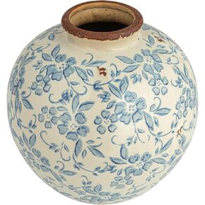 Creative Co-Op DF2720 8" H Terracotta Floral Transferware Pattern & Crackle Finish Vase, Blue