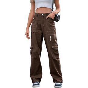 IVIR Cargo Pants Women High Waist Wide Leg Casual Pants with 7 Pockets Stretchy Drawstring Baggy Y2K Trousers