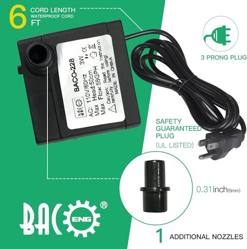 مضخة مياه غاطسة BACOENG 800GPH، مضخة نافورة فائقة مع 3 فوهات، مضخة مياه صغيرة هادئة 70 وات للبركة، الزراعة المائية 3000 لتر/ساعة in Kuwait